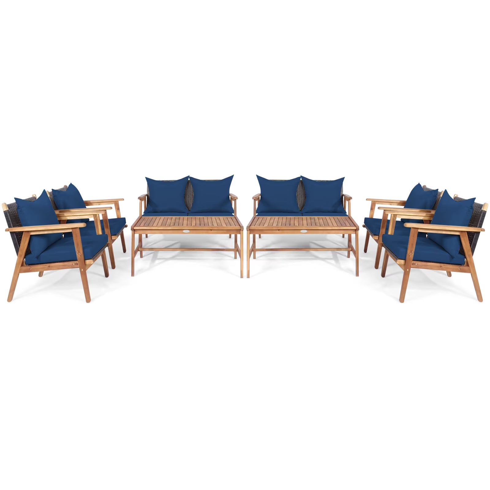Patiojoy 8PCS Patio Rattan Furniture Set Wood Frame Cushioned Sofa with Coffee Table Sectional Conversation Sofa Set for Garden Brown