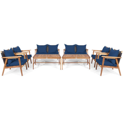 Patiojoy 8PCS Patio Rattan Furniture Set Wood Frame Cushioned Sofa with Coffee Table Sectional Conversation Sofa Set for Garden Brown