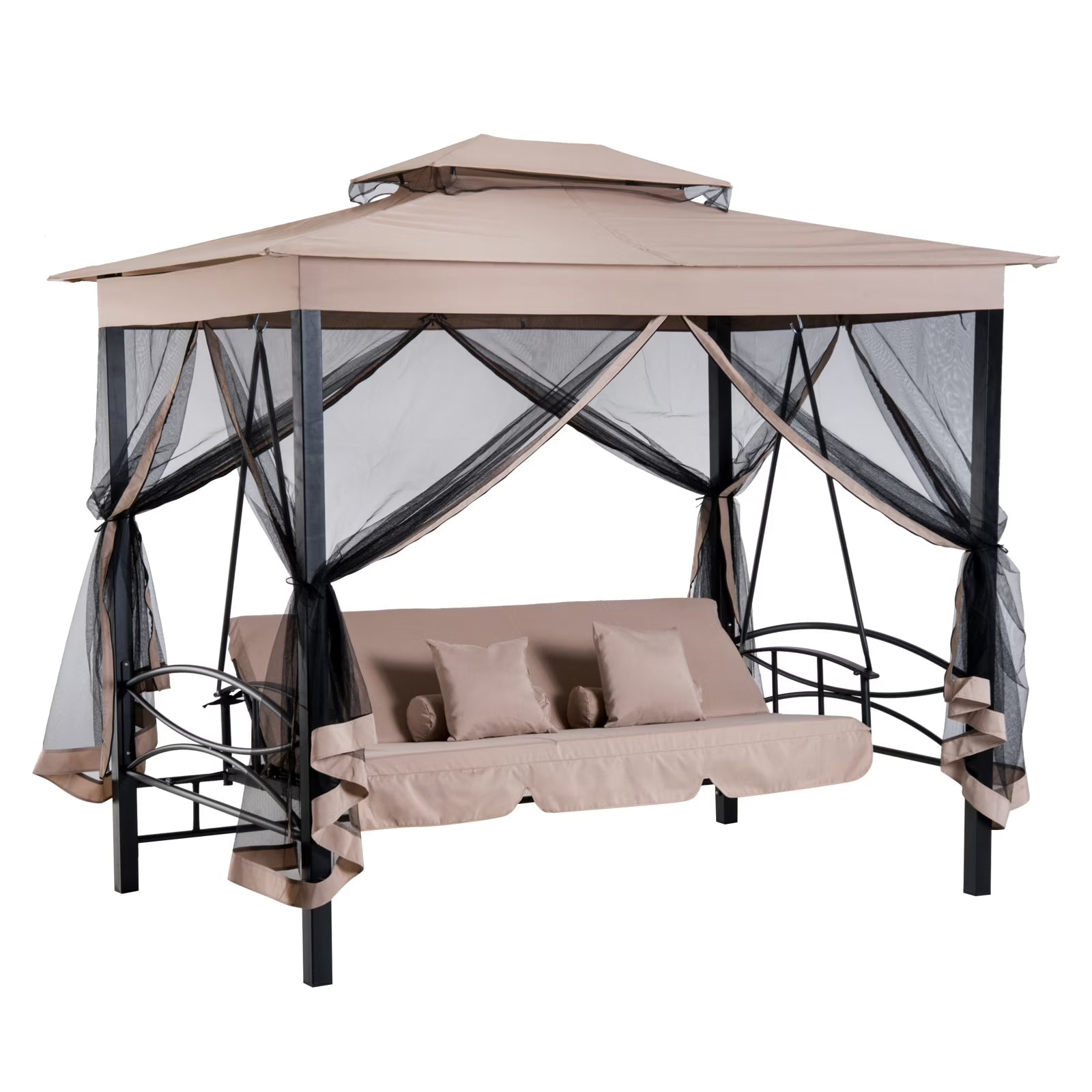 Outsunny 3 Person Patio Swing Chair, Gazebo Swing with Double Tier Canopy, Cushioned Seat, Mesh Sidewalls, gray