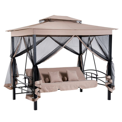 Outsunny 3 Person Patio Swing Chair, Gazebo Swing with Double Tier Canopy, Cushioned Seat, Mesh Sidewalls, gray