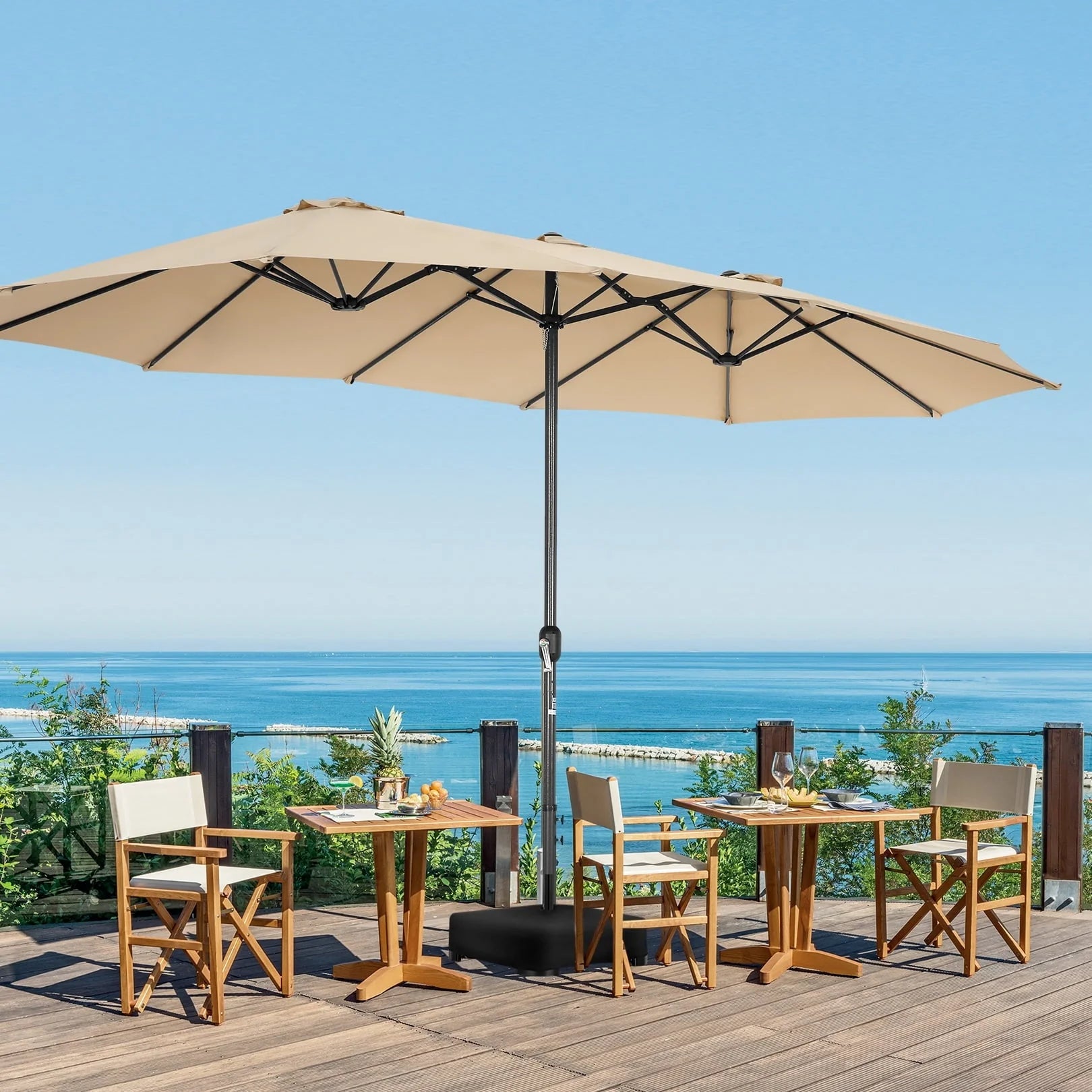 VIBESPARK 15ft Large Outdoor Umbrella Double-Sided Patio Umbrella with Base, Crank Handle, 12 Ribs Rectangular Umbrella for Patio Graden Poolside (Beige)