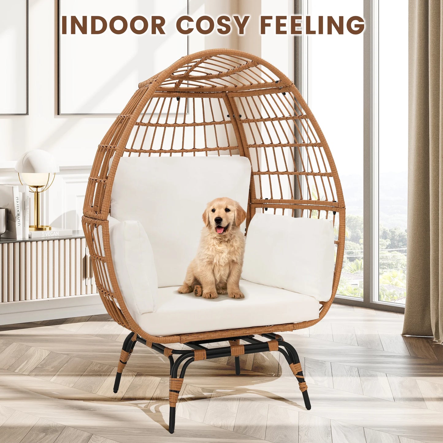 Skandiquip Oversized Rattan Adult Egg Chair, 360 Swivel, Outdoor Patio Chair with overstuffed Cushions, Indoor Large Wicker Egg Chair, Natural Rattan, Beige Cushion