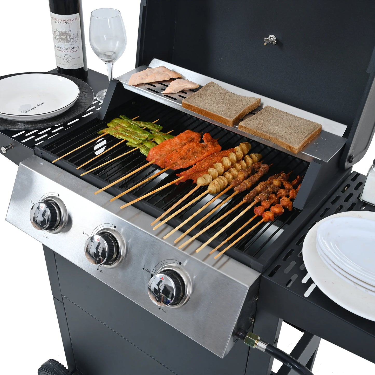 3 Burner BBQ Propane Gas Grill, Stainless Steel 30,000 BTU Patio Garden Barbecue Grill with Two Foldable Shelves