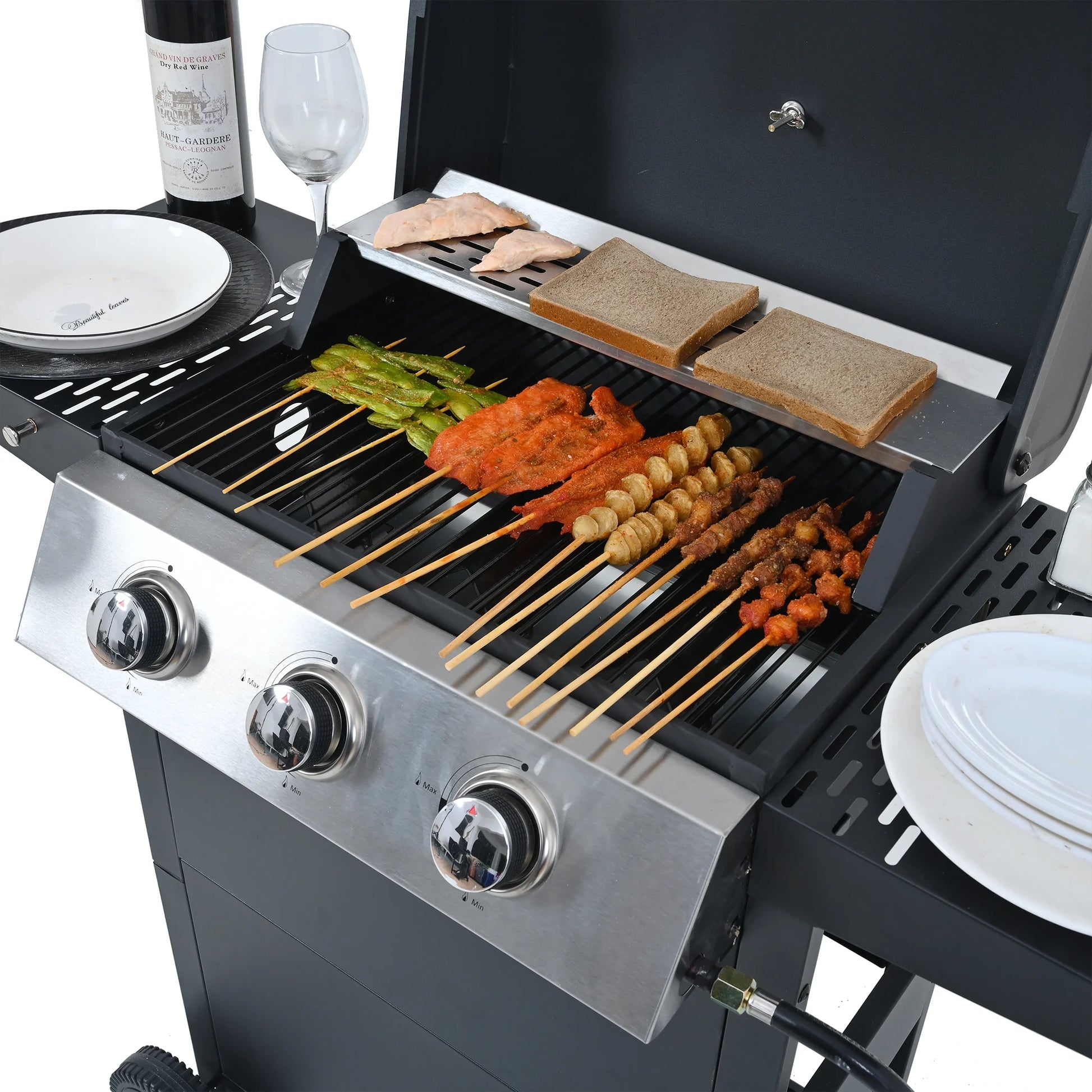 3 Burner BBQ Propane Gas Grill, Stainless Steel 30,000 BTU Patio Garden Barbecue Grill with Two Foldable Shelves