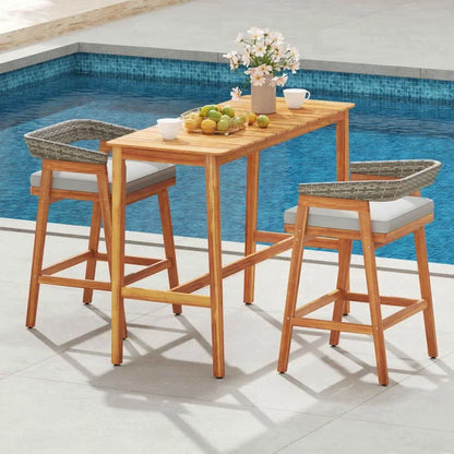 Demifill Acacia Wood Counter Height Table, Patio Bar Furniture with Slatted Tabletop and Footrest Crossbar for Outdoor as Garden, Backyard, Porch, Brown