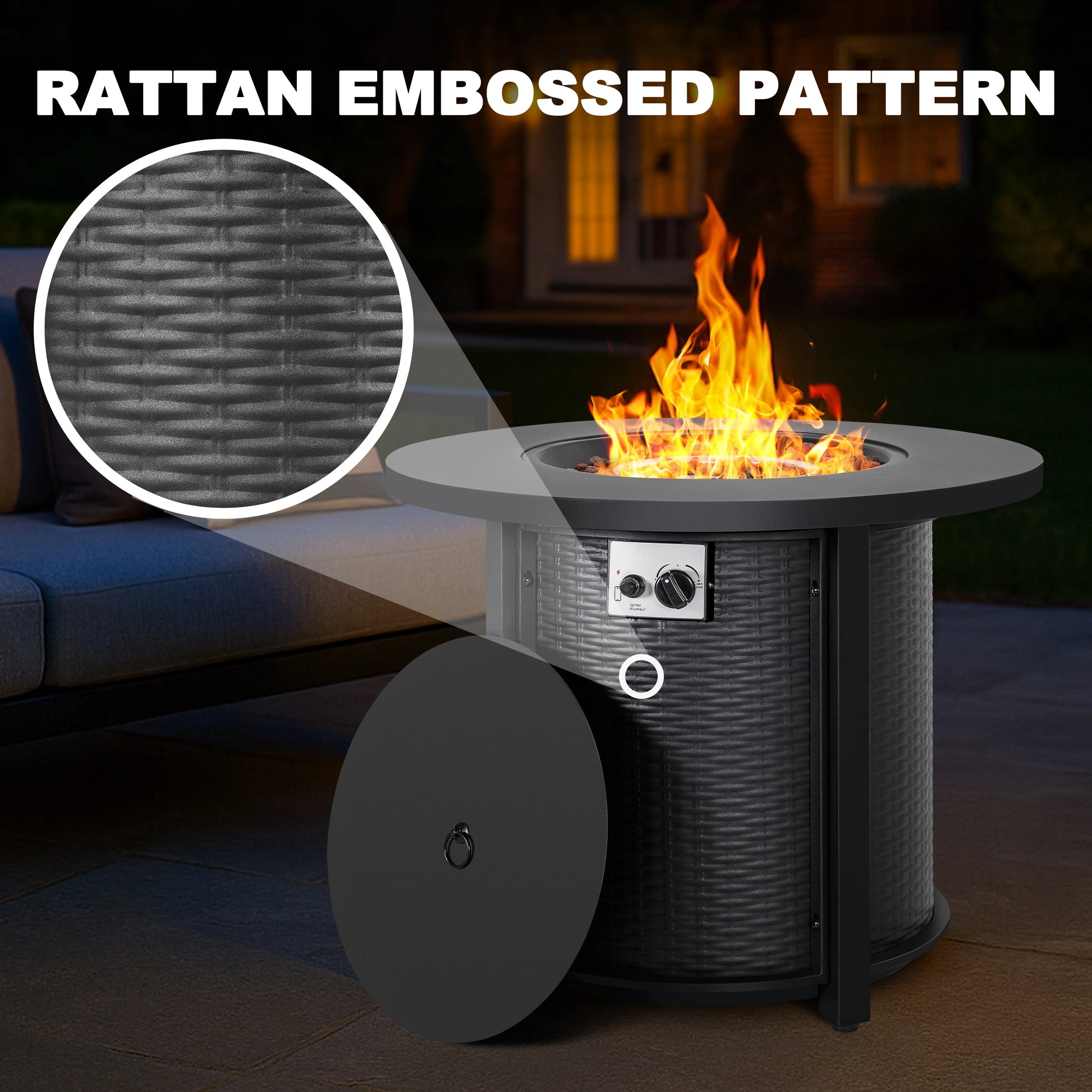 Nuu Garden Outdoor Metal 30'' Round Propane Fire Pit Table with Rattan Embossed Pattern, CSA-Certified 2 in 1 Round Gas Fire Pit Table with Lid & Lava Rocks, Patio Round Gas Fire Pit, Black
