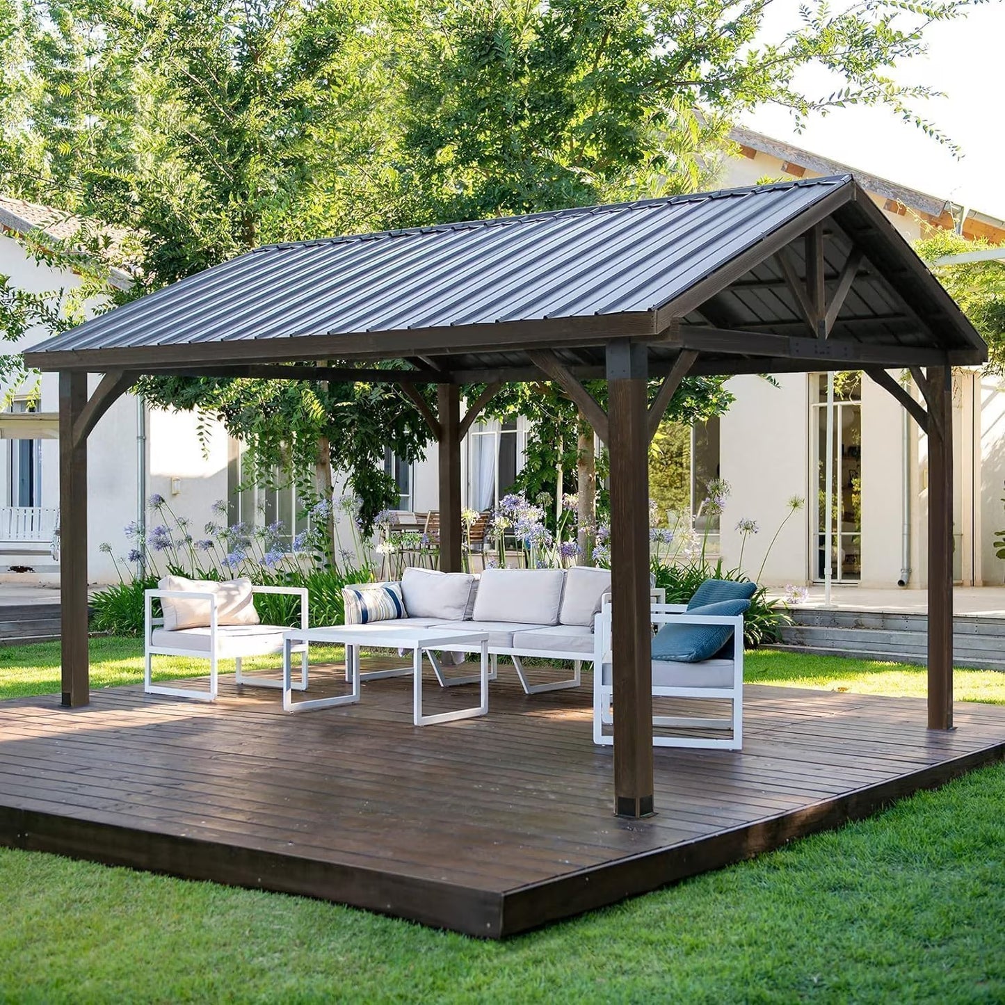 AECOJOY Wooden Gazebo 14.5x11ft for Outdoor BBQ Grill and Relaxation, Sturdy Brown Permanent Pavilion for Patios, Gardens, and Lawns