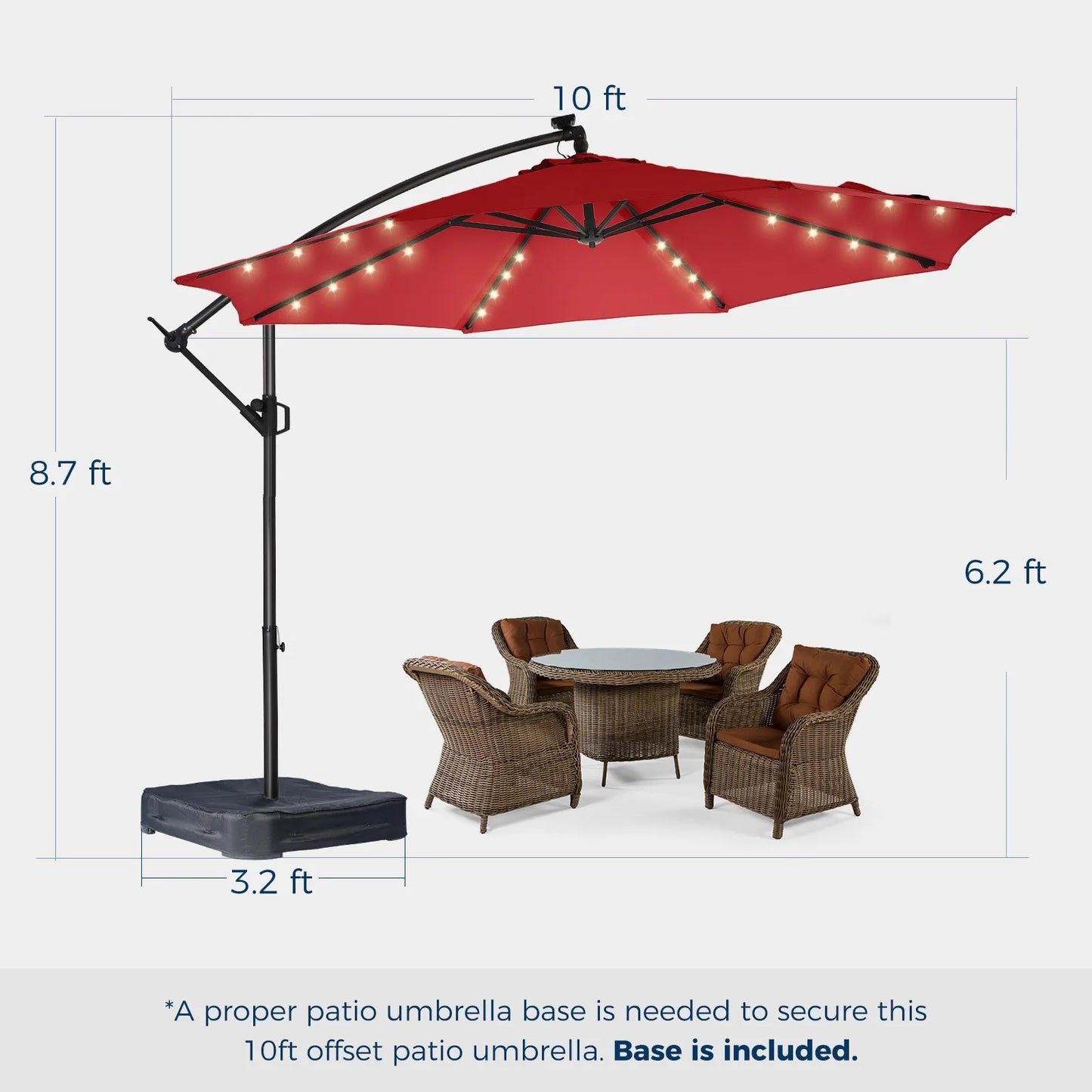 10ft Patio Umbrellas OffsetOutdoor Umbrella Cantilever Hanging Umbrellas with Infinite Tilt,Fade Resistant Waterproof Fabric & Base,for Yard,Garden,Home,Pool & Deck,Red