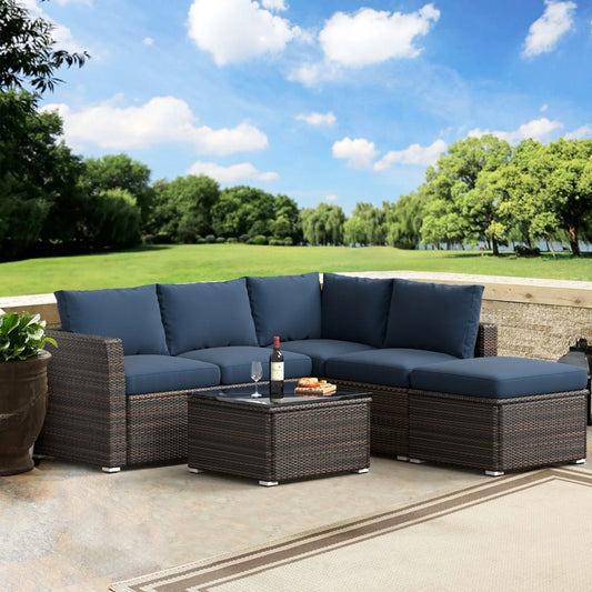 Highsound 4 Piece Outdoor Patio Furniture Sets, Wicker Conversation Set for Porch Deck, Gray Rattan Sofa Chair with Cushion, Blue