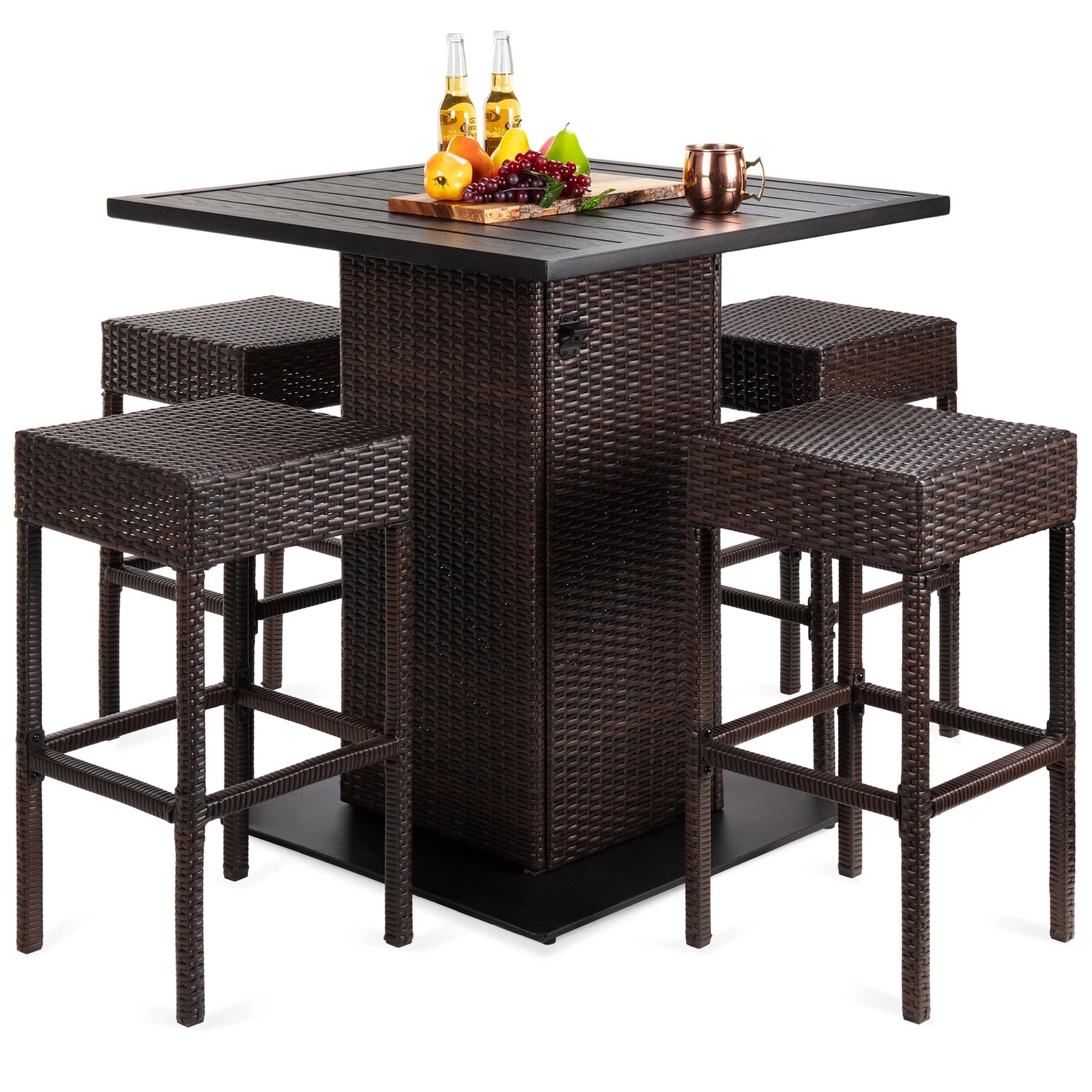 Best Choice Products 5-Piece Patio Wicker Bar Set w/Built-In Bottle Opener, Hidden Storage Shelf, 4 Stools - Brown