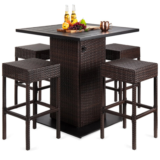 Best Choice Products 5-Piece Patio Wicker Bar Set w/Built-In Bottle Opener, Hidden Storage Shelf, 4 Stools - Brown