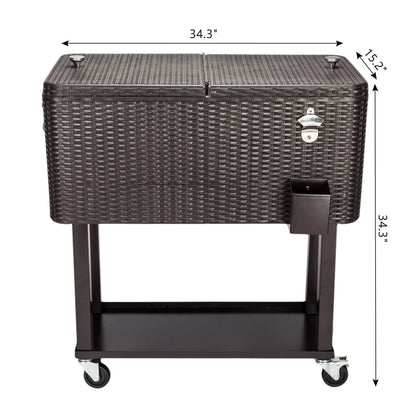 UWR-Nite 80 Quart Rolling Ice Chest on Wheels, Portable Patio Party Bar Drink Cooler Cart, with Shelf, Beverage Pool with Bottle Opener, Water Pipe