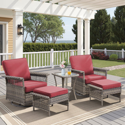 Feishominhoo Outdoor Swivel Rocker Patio Chairs,Gray Wicker Rocking Glider Chairs Set of 2 with Ottomans, Side Table and Beige Cushions Outdoor Patio Furniture for Balcony Porch Deck