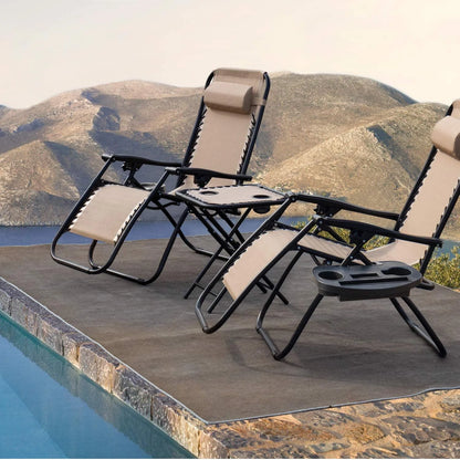 Vineego 3 Pieces Zero Gravity Chair Patio Foldable Chaise Lounge Chairs 2 Beach Chairs and Table with Cup Holders,Beige