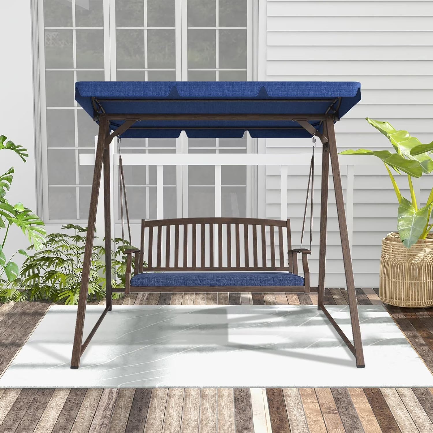 Grand Patio Porch Swing, Outdoor 2-Seat Patio Swing Chair, Adjustable Tilt Canopy, with Removable Cushion, Weather Resistant Powder Coated Painted Woodgrain Frame, Farmhouse Style-Dark Blue