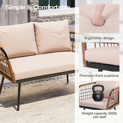 LAUSAINT HOME 4 Pieces Outdoor Conversation Sets, Patio Metal Frame Sofa with Wood Loveseat and Coffee Table, Beige Cushions