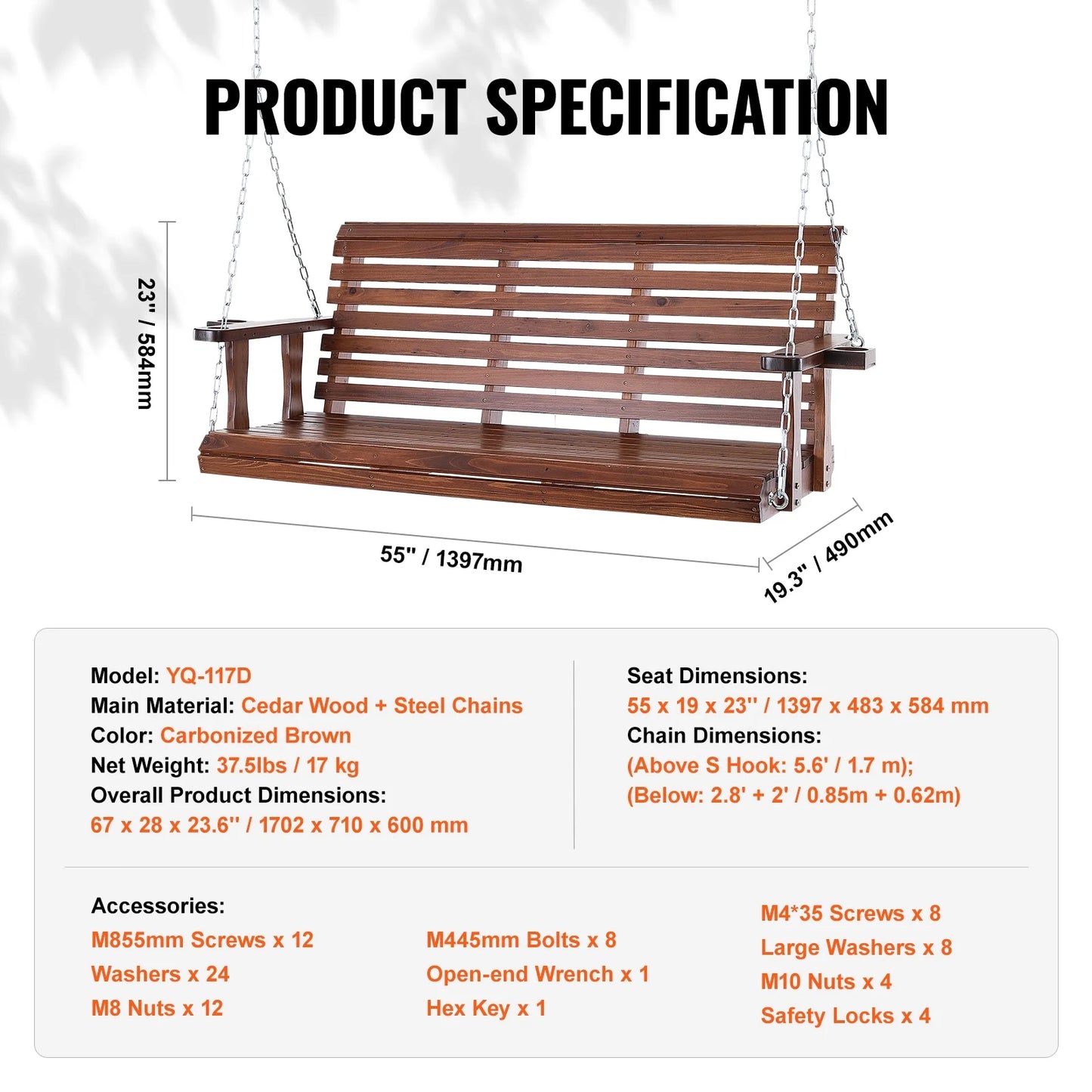 KFFKFF Outdoor Swing Bench 5.5 ft, Garden and Patio Wooden Swing, Enhanced 880 lbs Capacity, Durable Hanging Chair with Chains for Outside Use, Brown
