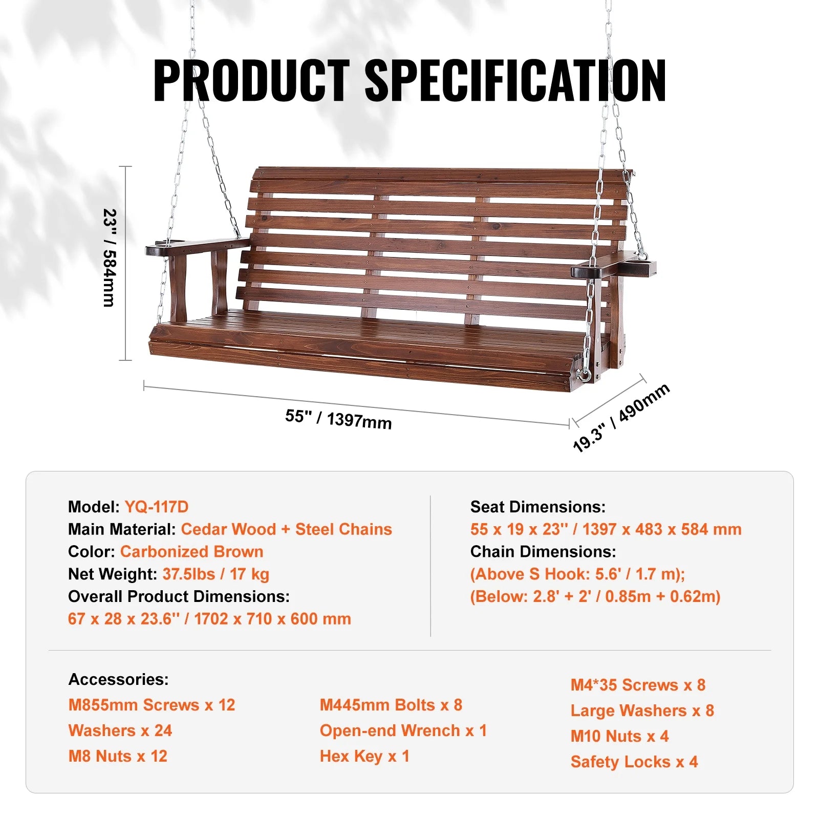 KFFKFF Outdoor Swing Bench 5.5 ft, Garden and Patio Wooden Swing, Enhanced 880 lbs Capacity, Durable Hanging Chair with Chains for Outside Use, Brown