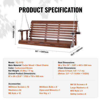 KFFKFF Outdoor Swing Bench 5.5 ft, Garden and Patio Wooden Swing, Enhanced 880 lbs Capacity, Durable Hanging Chair with Chains for Outside Use, Brown