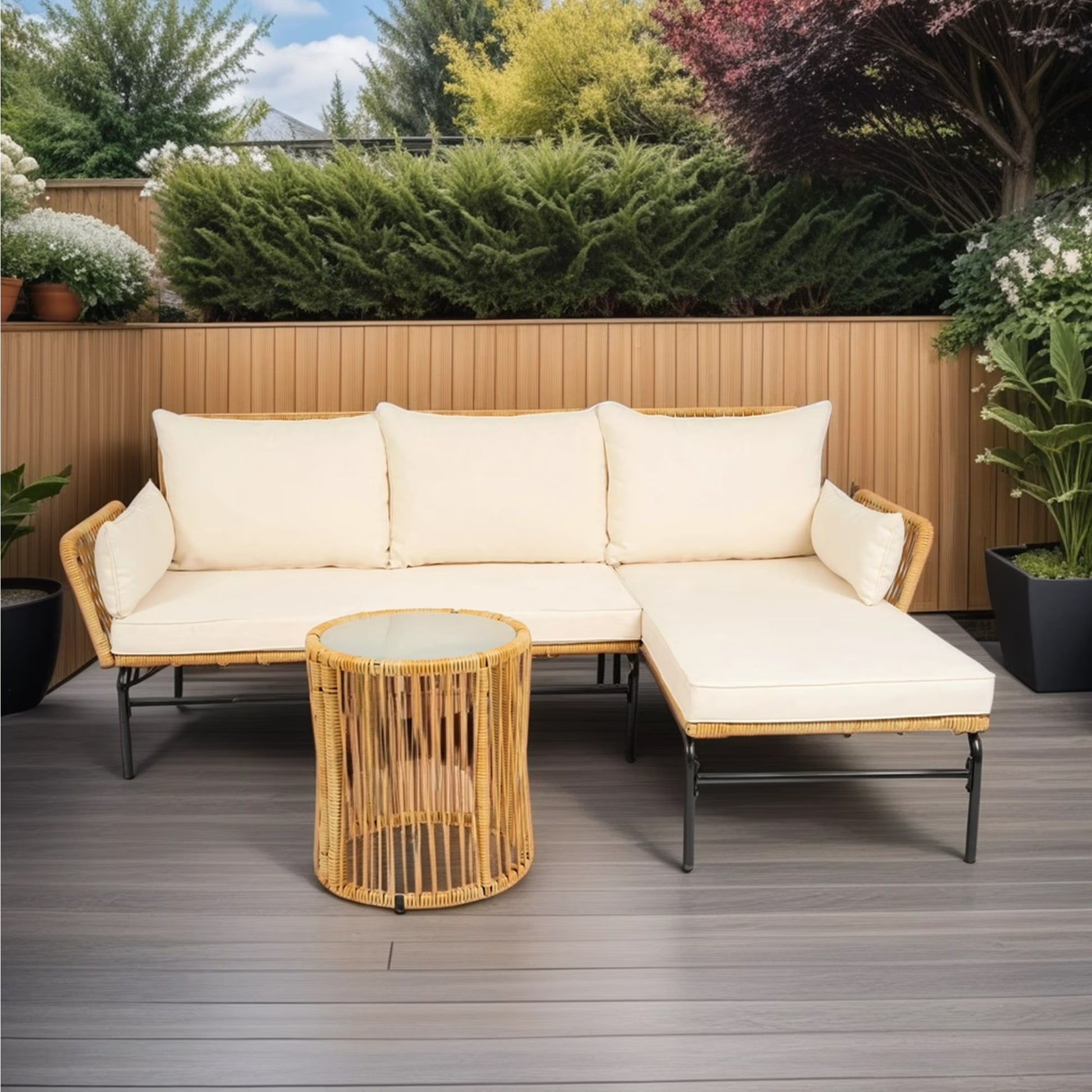 Outdoor Patio Furniture Set of 3, Rattan Wicker Outdoor Swivel Glider Rocker w/Table and Cushions, Brown