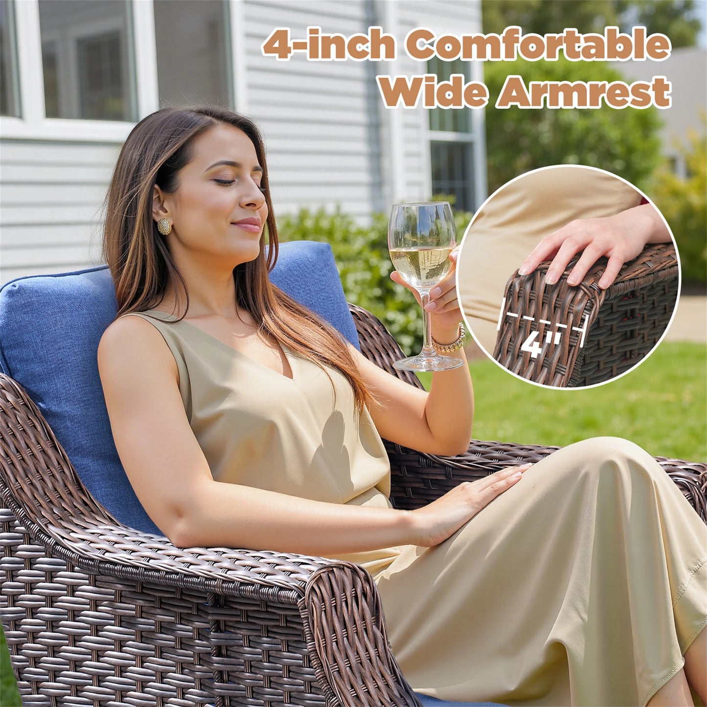 Yeahumalia Outdoor Patio Wicker Swivel Rocking Chair Glider Set of 2 with Side Table for Porch Balcony Backyard, Blue Cushions