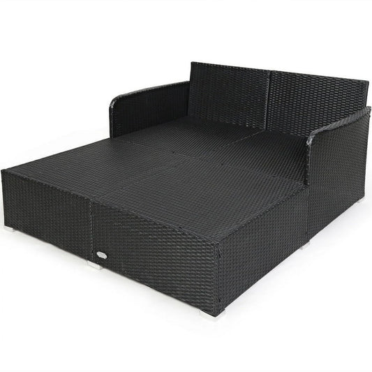 Resenkos Outdoor Patio Rattan Wicker Daybed Sectional Conversation Double Chaise Lounge, White Resistant Cushions