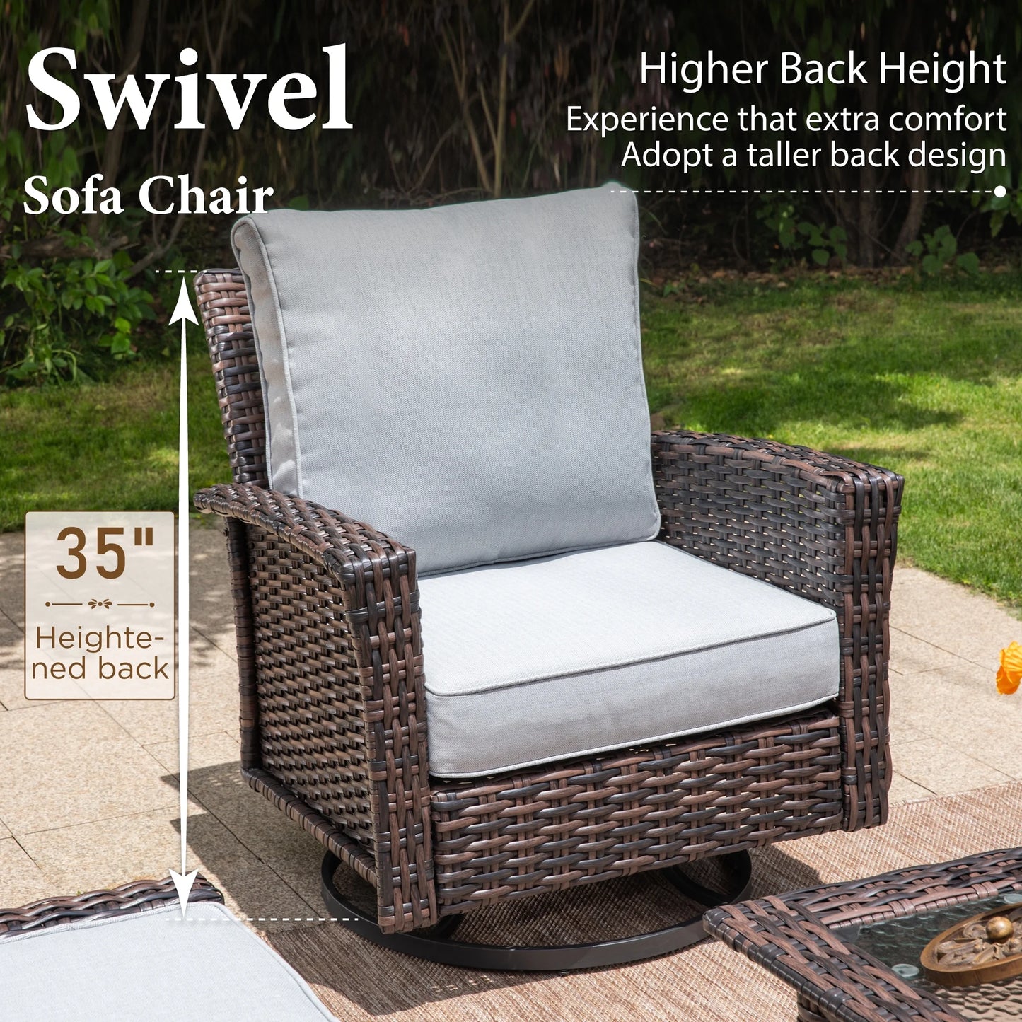 Summit Living 5-Seat Wicker Patio Furniture Set with 2 Swivel Chairs & 3-Seat Sofa with 2 pieces Coffee Table, Outdoor Rattan Sectional Conversation Set, Light-gray