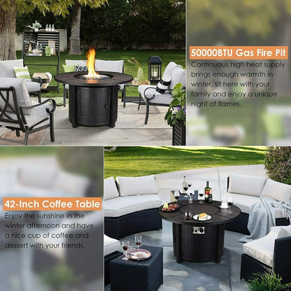 HOMFY 42" Propane Fire Pit Table 50,000 BTU Round Table Stove Patio Fireplace with Blue Glass Rocks and Rain Cover