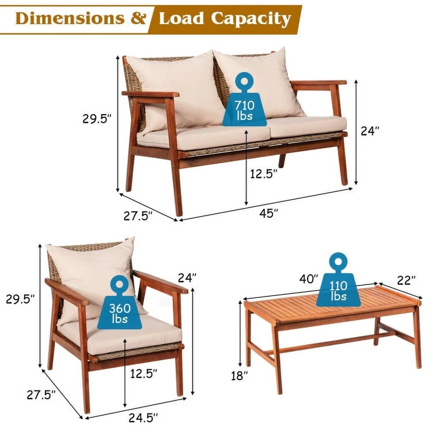 Barara King Outdoor Collection Set, Patio Conversation Table Chair Set, 4 Piece Acacia Wood Patio Rattan Furniture Set-Brown