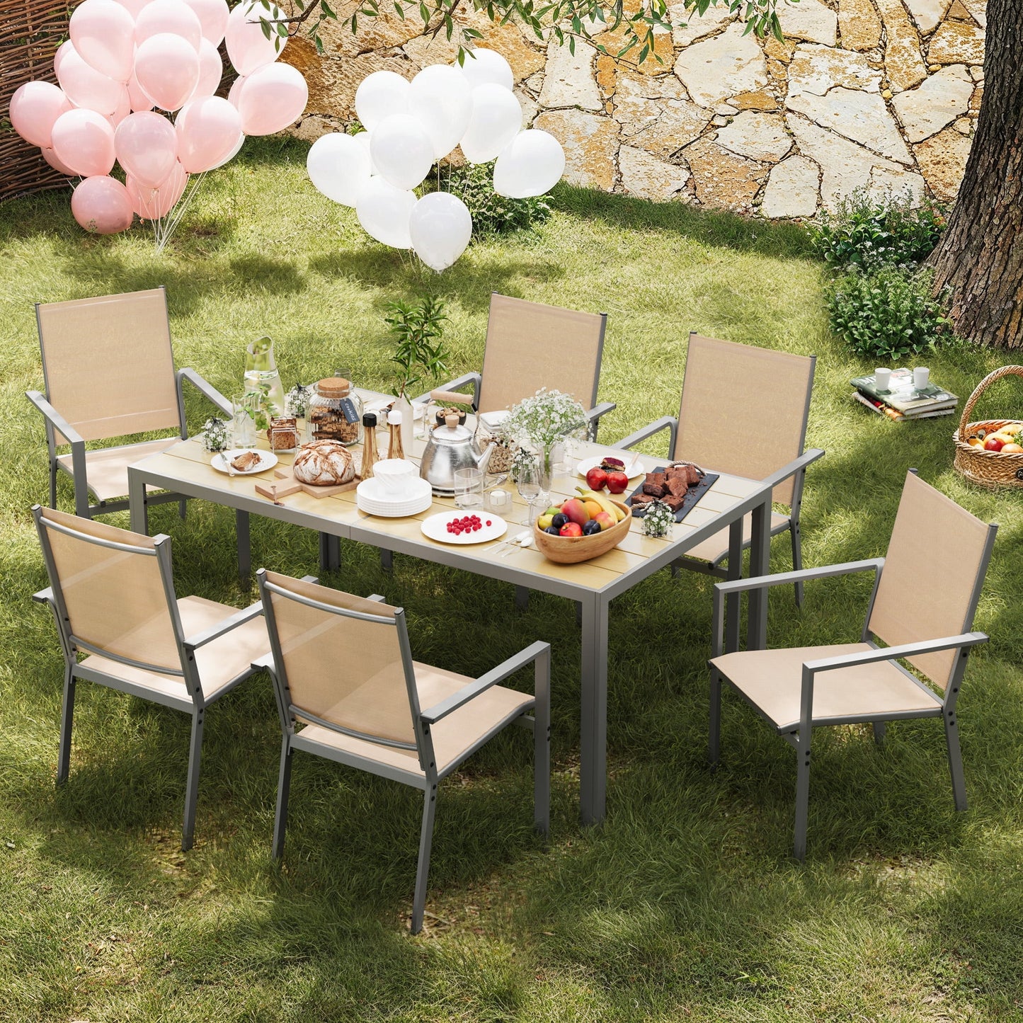 Outdoor Dining Set, Lofka 7 Piece Patio Dining Table Set for 6 Persons with Cool Textilene Armchairs for Backyard & Garden, Brown