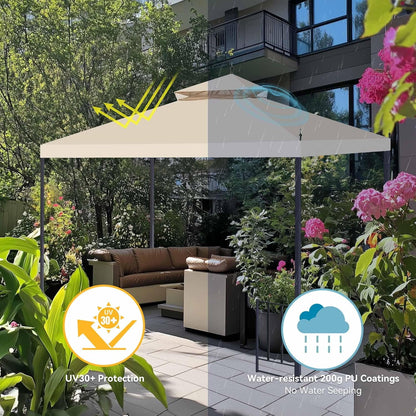 10x10Ft Canopy Top Replacement PU Water Resistance Arrow Gazebo Dual Tier Outdoor Patio Canopy Cover Party Backyard Garden Beige