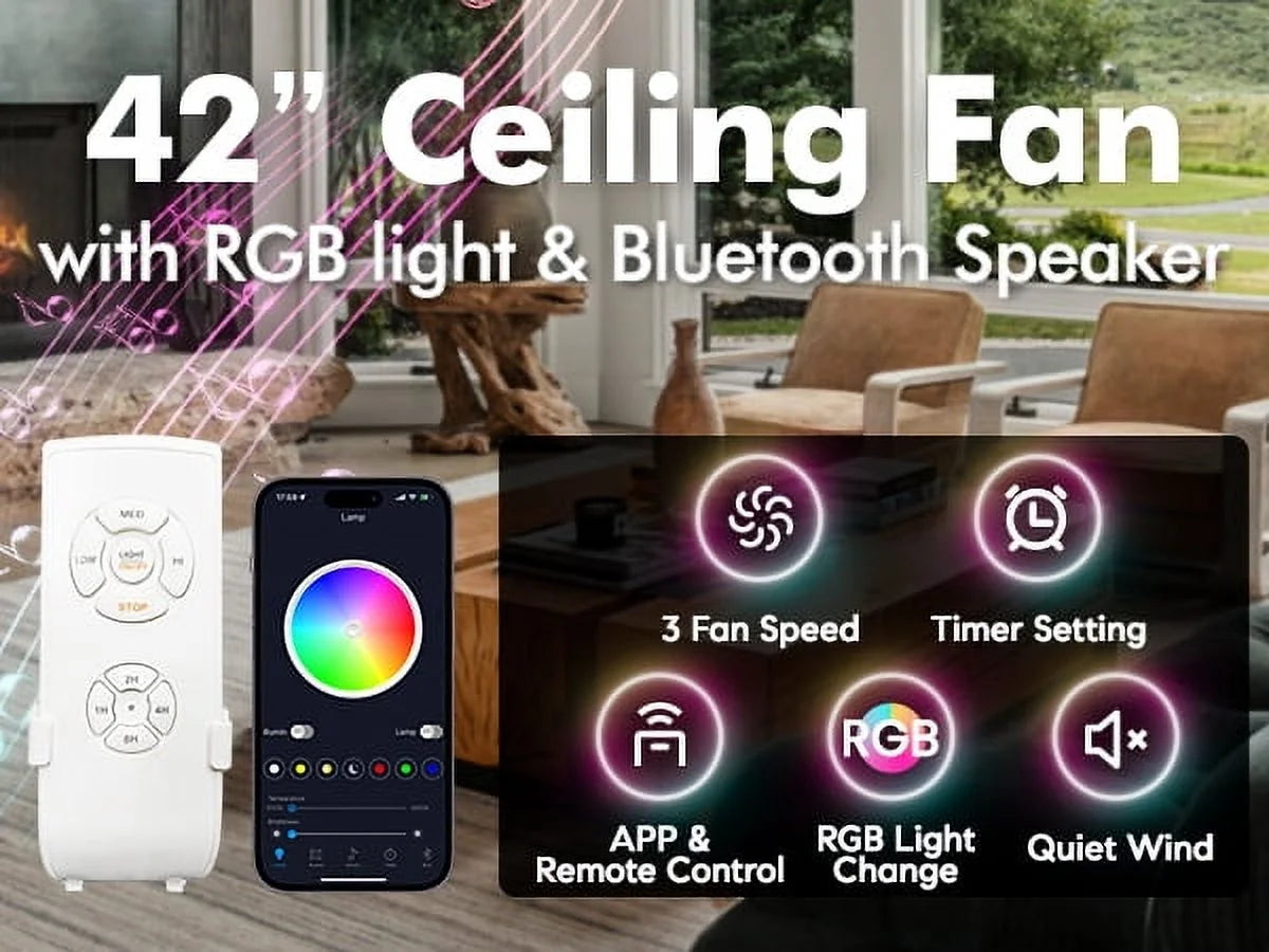 42" Black Nest Ceiling Fan with Color-Changing LEDs & Bluetooth Speaker - Retractable Smoked Blades, 5000 CFM Quiet Motor, APP/Remote Control for Living Room/Patio