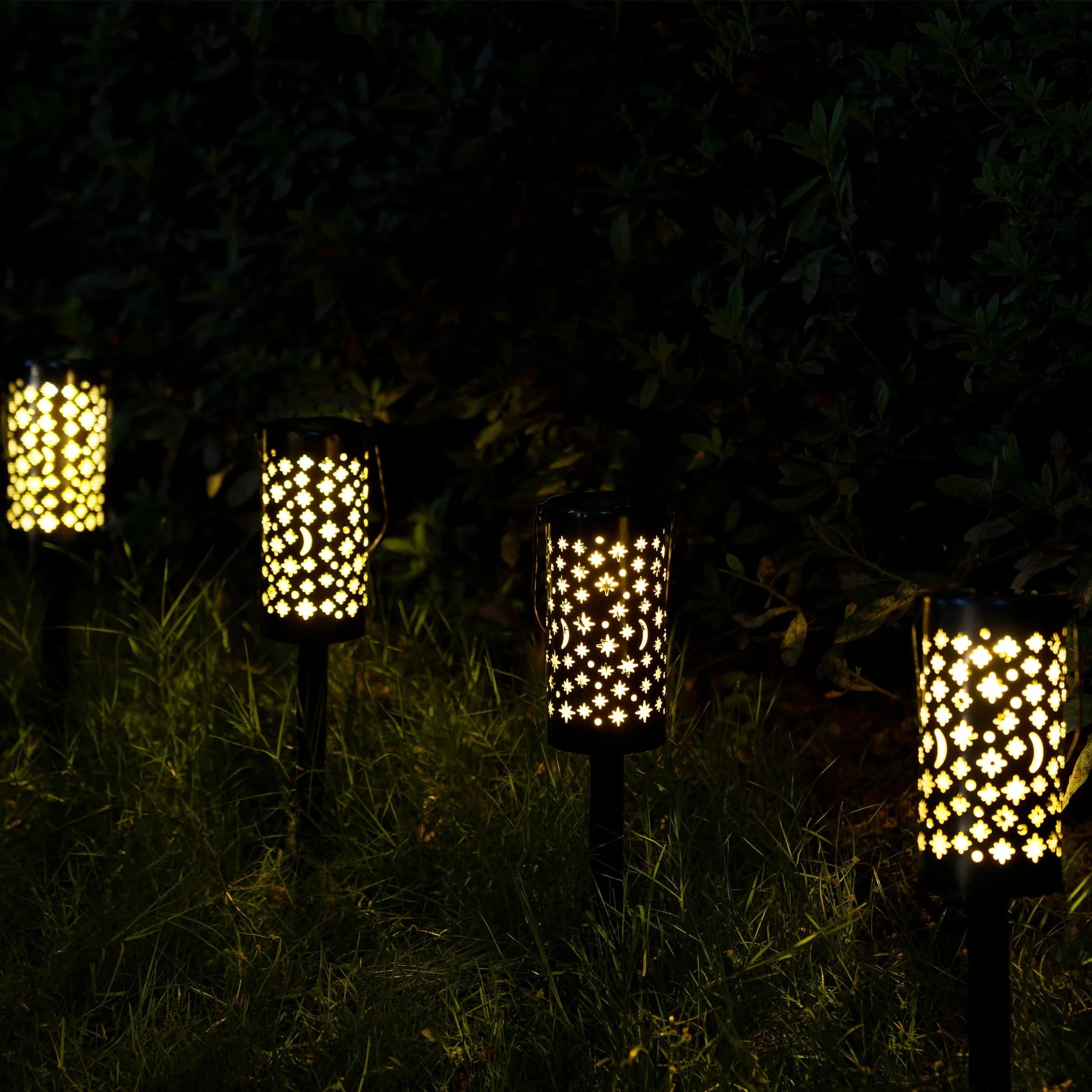 GIGALUMI Solar Pathway Lights, 6 Pack Solar Lanterns Outdoor Solar Lights Decorative Waterproof, Hanging Solar Lights Star Moon Solar Landscape Lights Outdoor for Walkway, Garden, Patio, Lawn, Yard