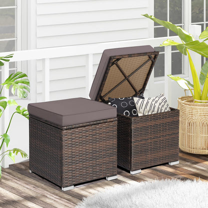 Gymax 2PCS Outdoor Patio Ottomans Hand-Woven PE Wicker Footstools w/Removable Cushions Grey