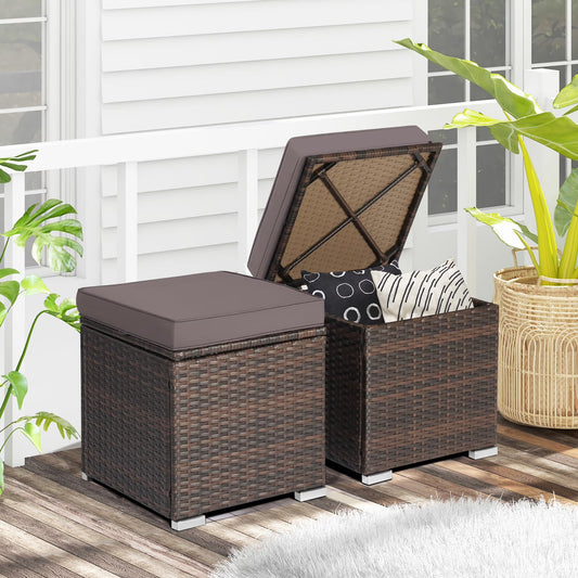 Gymax 2PCS Outdoor Patio Ottomans Hand-Woven PE Wicker Footstools w/Removable Cushions Grey