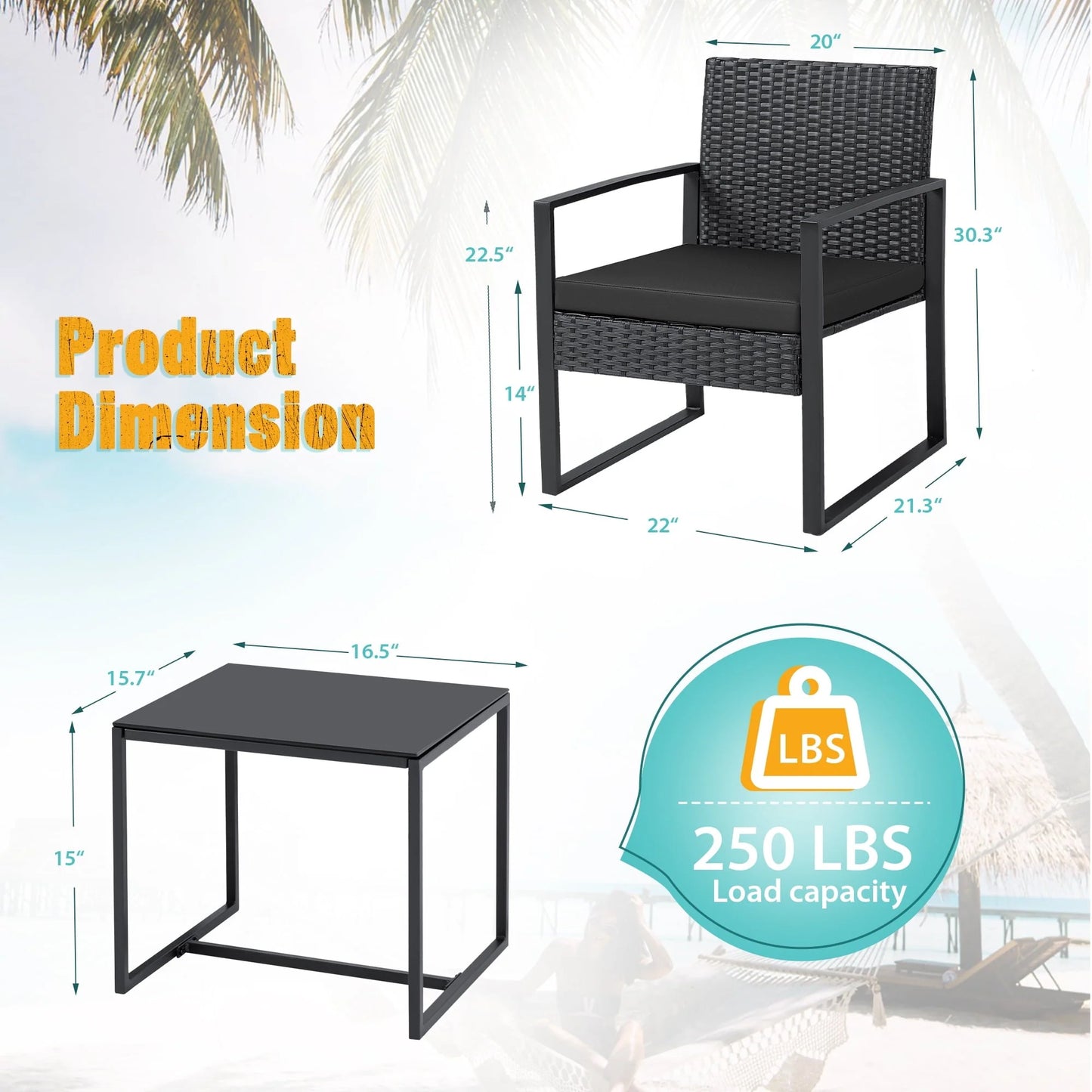 Lacoo 3 Pieces Patio Conversation Set PE Rattan Bistro Chairs Set of 2 with Coffee Table, Black