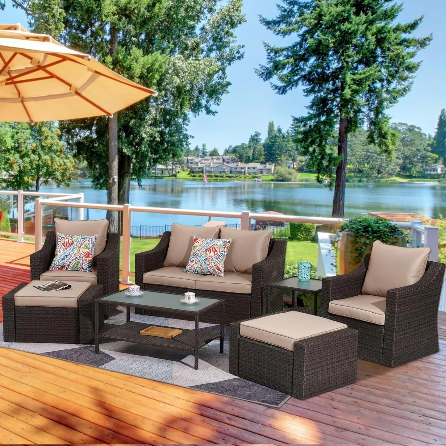 CozyHom 7 Piece Outdoor Patio Furniture Sofa Set, Outside Sectional Sofa Rattan Wicker Dining Furniture Conversation Couch Sets with Ottoamns, Blue