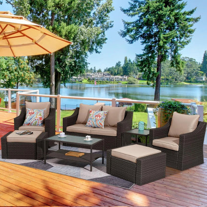 CozyHom 7 Piece Outdoor Patio Furniture Sofa Set, Outside Sectional Sofa Rattan Wicker Dining Furniture Conversation Couch Sets with Ottoamns, Blue
