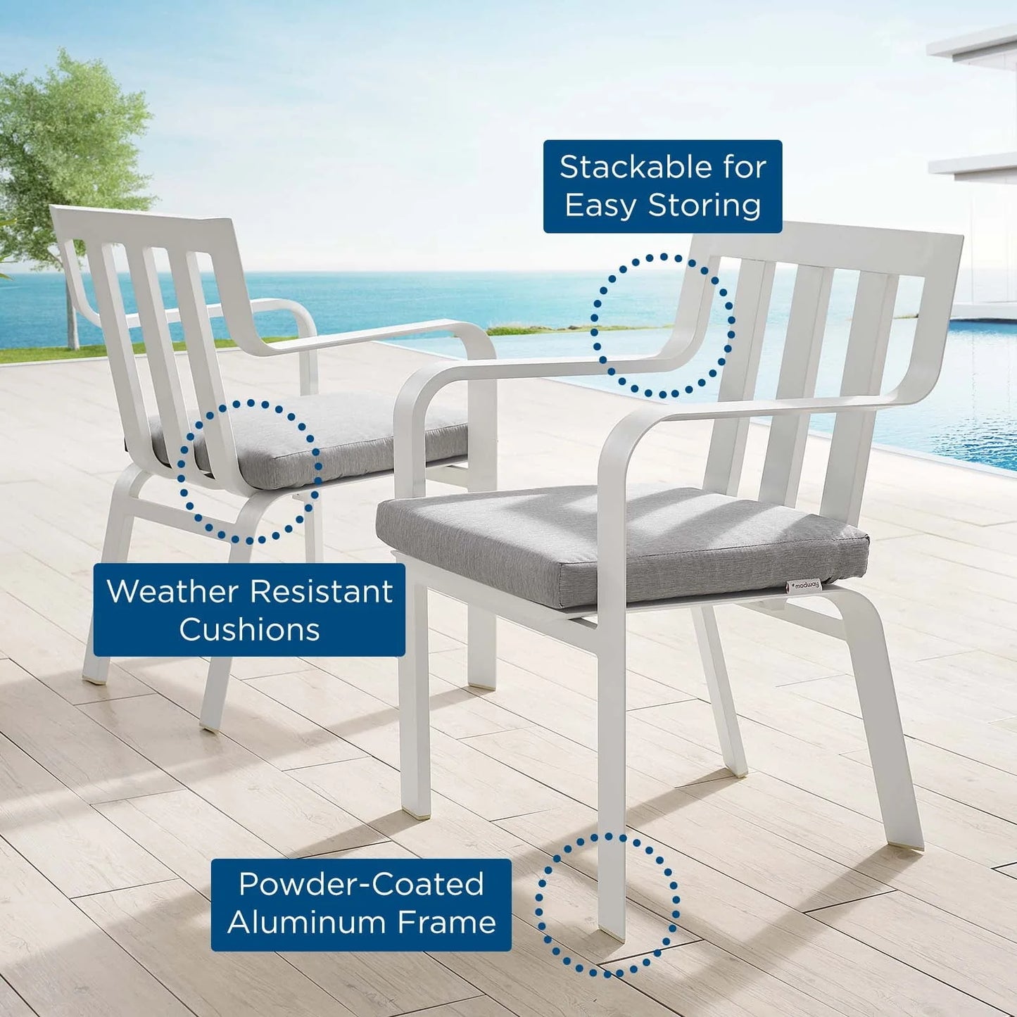 Lounge Chair Armchair, Set of 2, Aluminum, Metal, Steel, White Grey Gray, Modern Contemporary Urban Design, Outdoor Patio Balcony Cafe Bistro Garden Furniture Hotel Hospitality