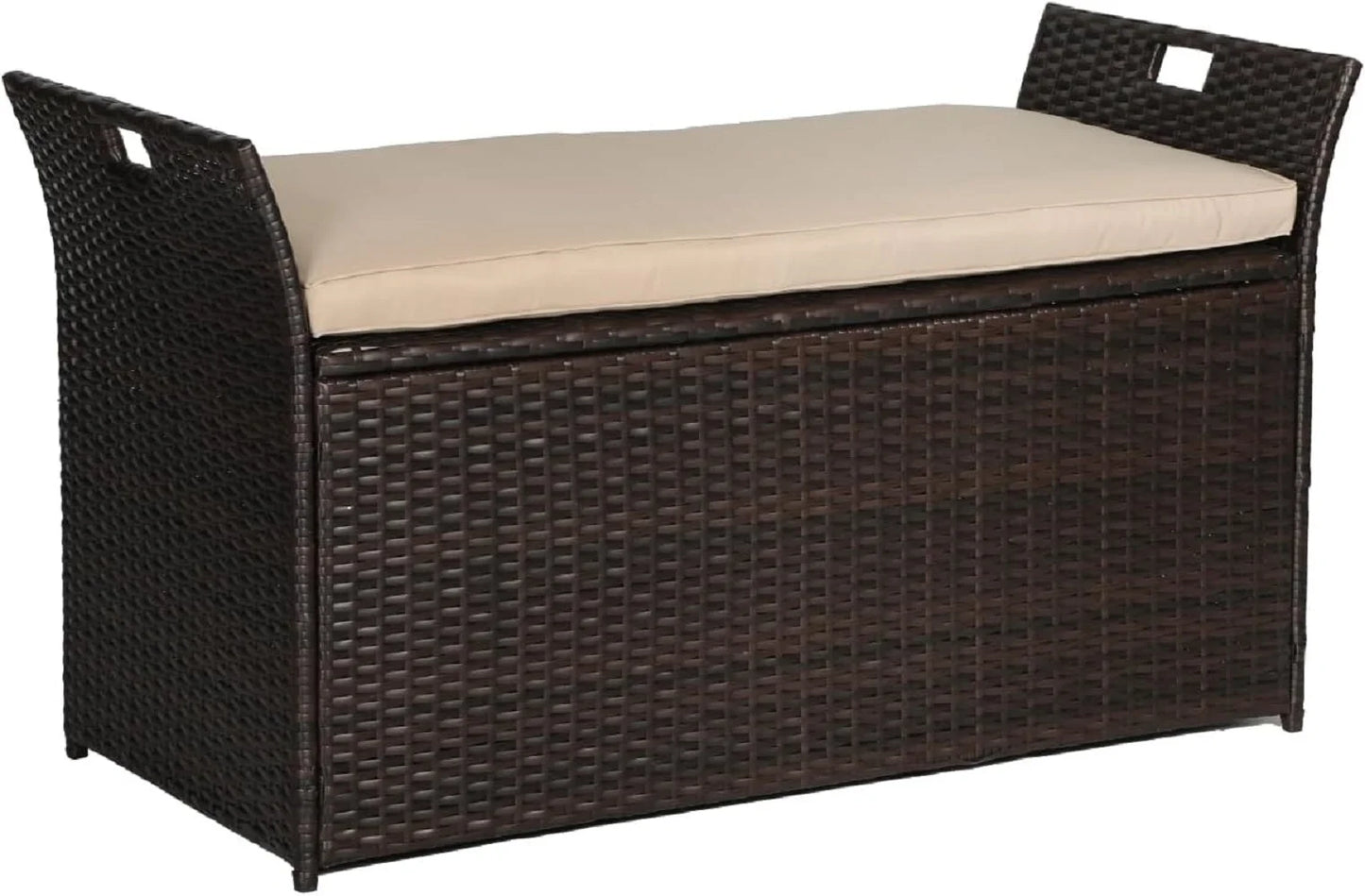 SOLAURA 90 Gallon Patio Wicker Storage Bench w/Cushion, Outdoor Rattan Deck Storage Box w/Handles & Hydraulics, Gray