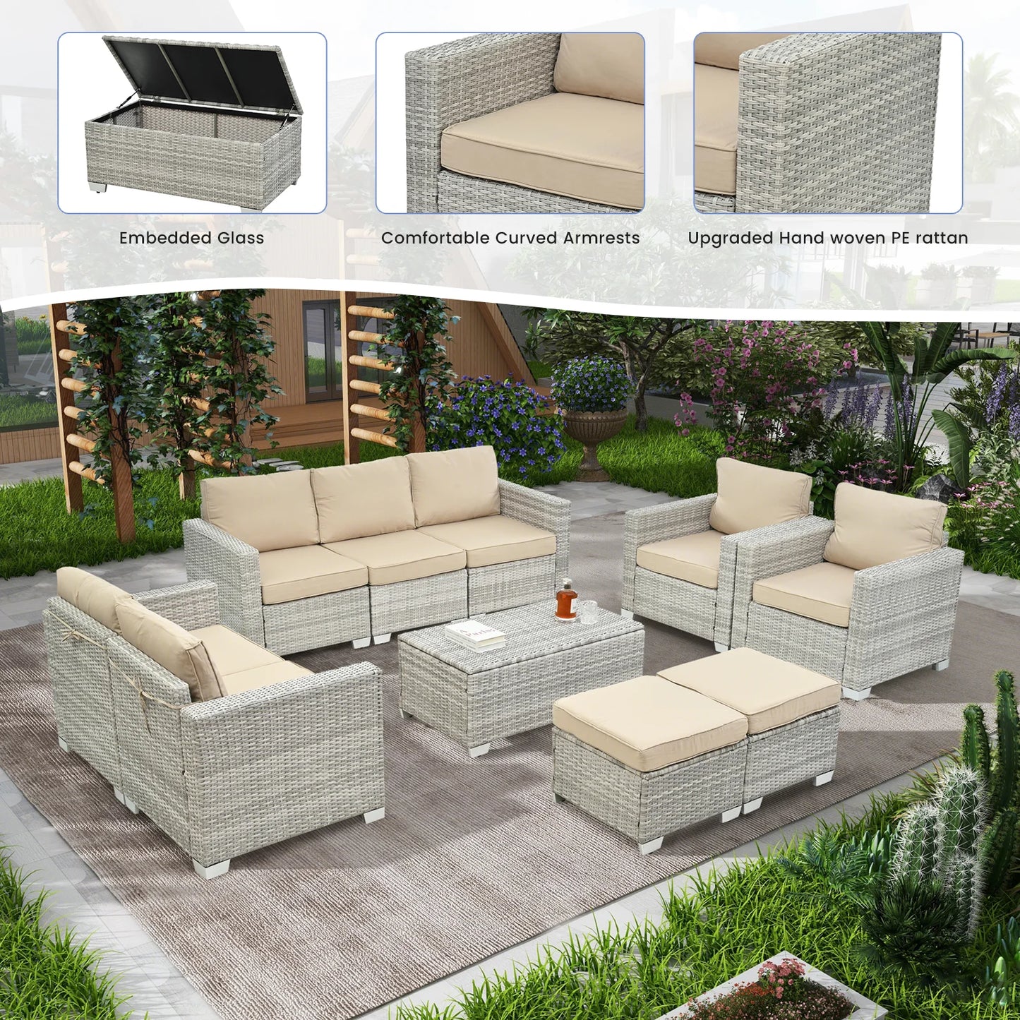 10 Pieces Patio Furniture Sets Outdoor,Manual Weaving Wicker Rattan Sectional Sofa Patio Conversation Sets with Cushions & Coffee Table with Hidden Storage for Outside, Balcony, Porch