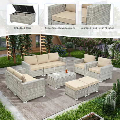 10 Pieces Patio Furniture Sets Outdoor,Manual Weaving Wicker Rattan Sectional Sofa Patio Conversation Sets with Cushions & Coffee Table with Hidden Storage for Outside, Balcony, Porch