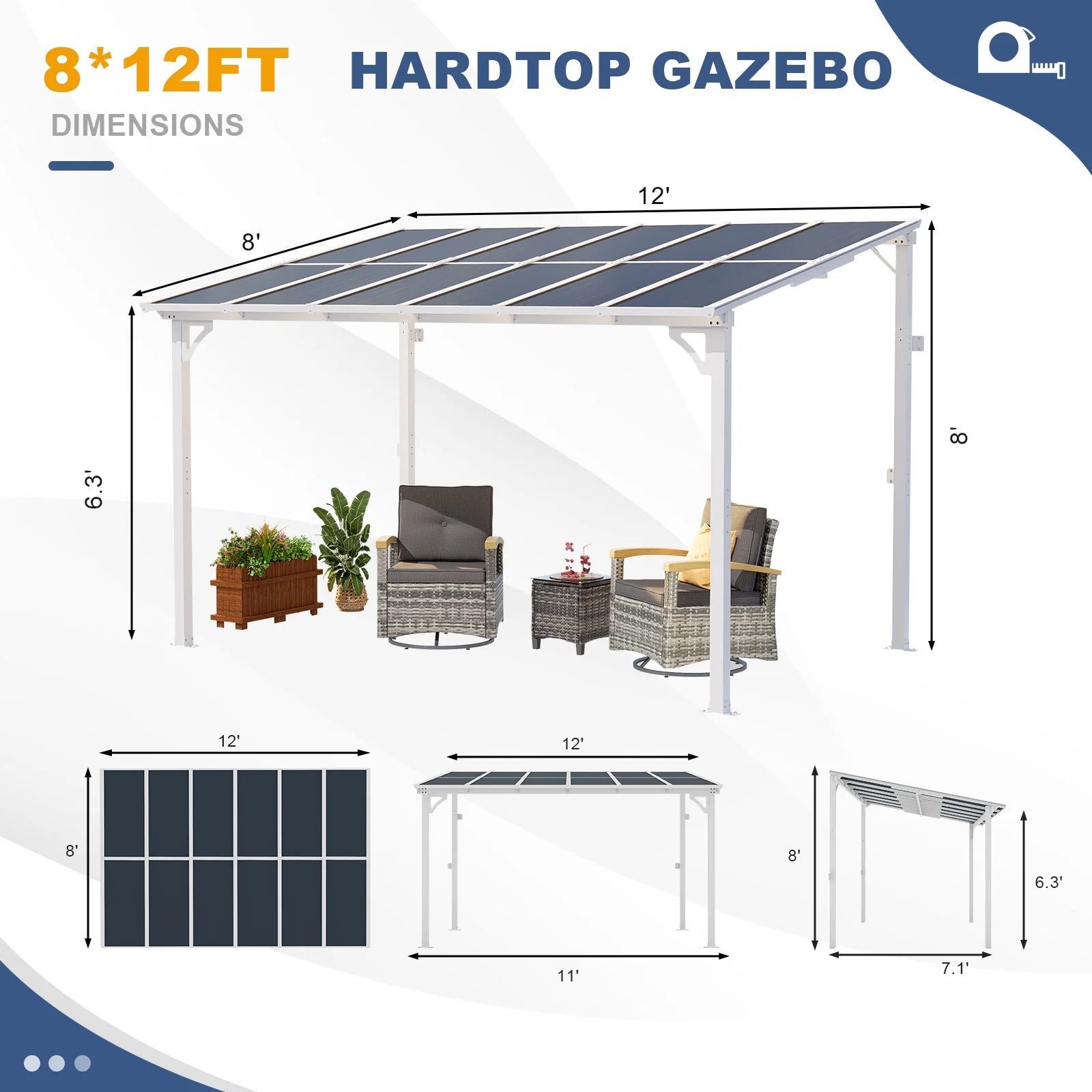 MEISSALIVVE 8' x 12' Hardtop Wall Mounted Gazebo Pergola, Lean-to Metal Awning with Sloped Roof, Outdoor Shelter for Patio, Deck, Backyard, White
