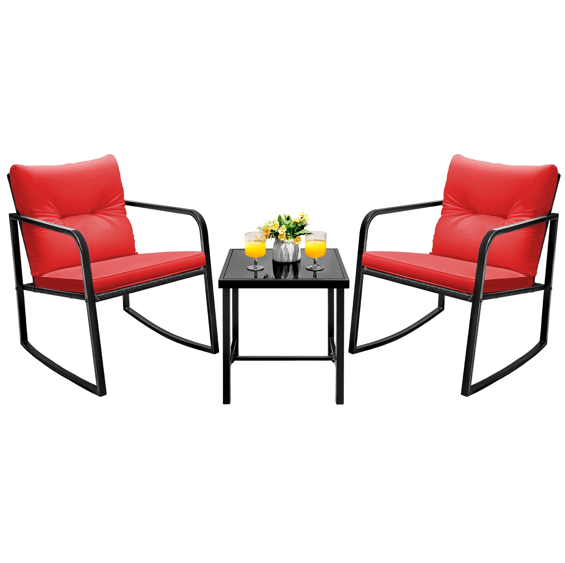 Devoko 3 Pieces Rocking Patio Furniture Sets Outdoor Rocking Chair PE Rattan Bistro Rocker Conversation Sets with Coffee Table for Garden, Beige