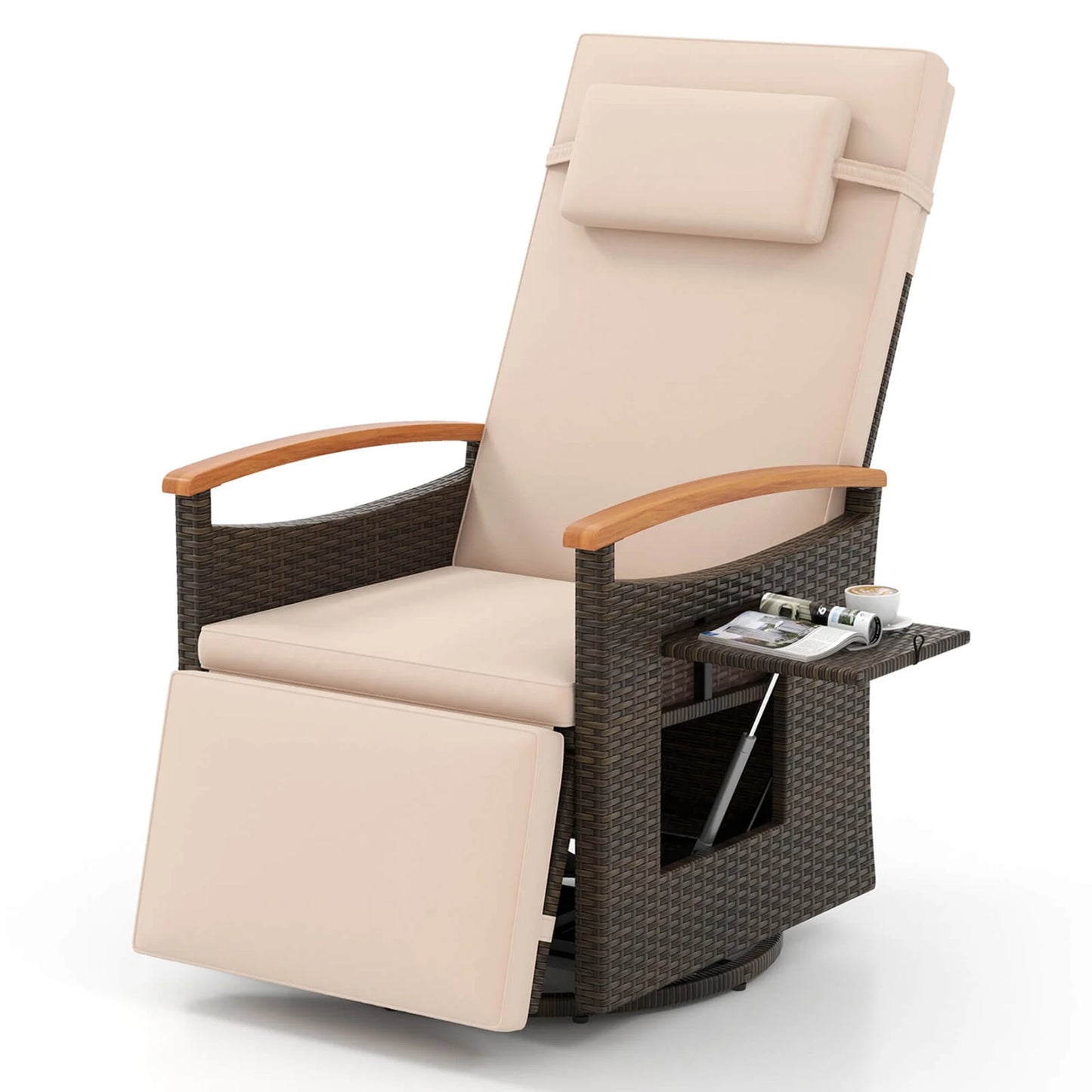 Costway Outdoor 360° Swivel Rattan Recliner Chair Patio Wicker Chaise Lounge Chair Beige