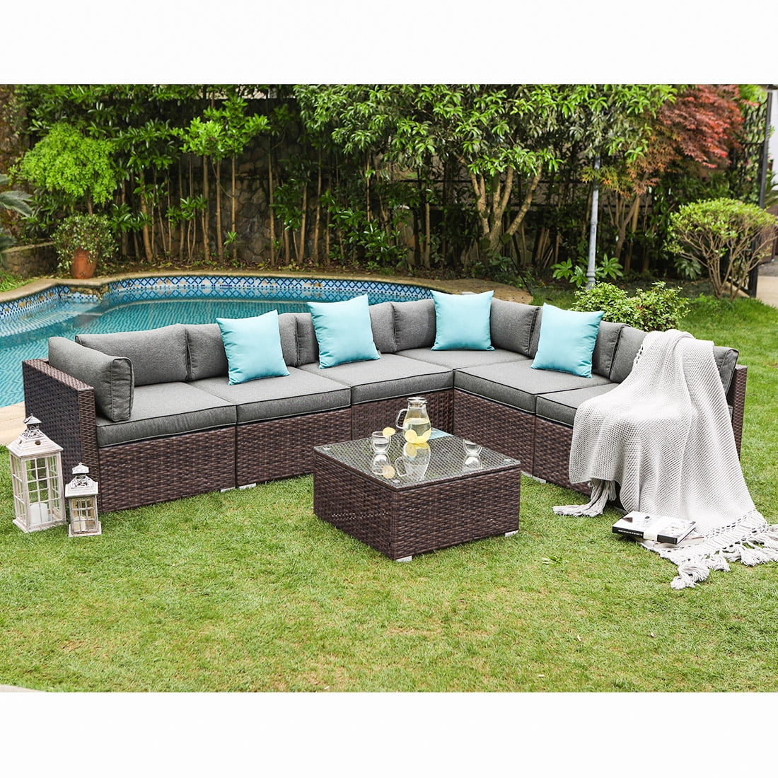 COSIEST 7-Piece 6-Seats Outdoor Brown Wicker Patio Sectional Sofa Set with Coffee Table