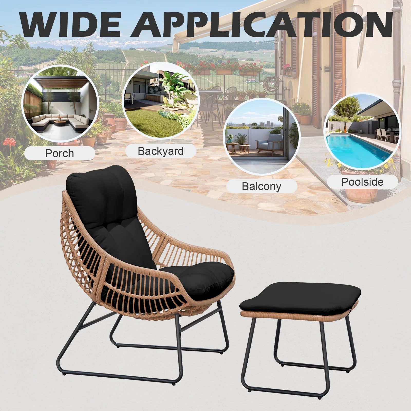 Tappio Wicker Papasan Egg Chair with Ottoman, Outdoor Patio Basket Lounge Chair Indoor Oversized Egg Lounger with Thick Cushion for Living Room Bedroom Balcony Porch, Black