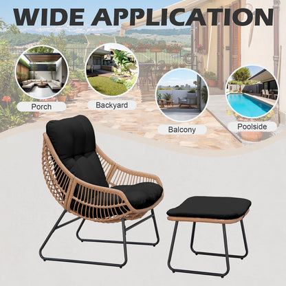 Tappio Wicker Papasan Egg Chair with Ottoman, Outdoor Patio Basket Lounge Chair Indoor Oversized Egg Lounger with Thick Cushion for Living Room Bedroom Balcony Porch, Black