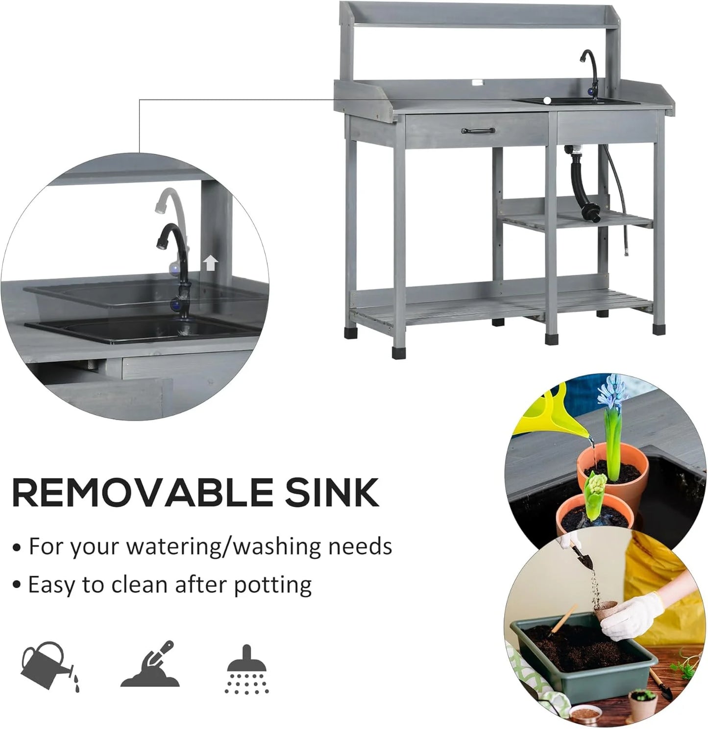 SSyao Potting Bench Table, Outdoor Wooden Garden Workstation with Removable Sink, Faucet, Storage Drawer, Shelves & Tool Hooks, Gardening Table for Patio, Backyard, Greenhouse, Planting Tasks,Gray