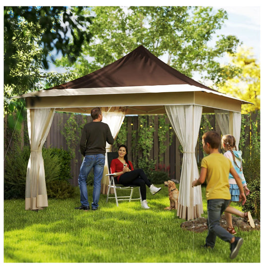 12x12 Pop Up Canopy Tent with Mesh Netting, UPF50+ Sun Shelter - Brown Patio Gazebo with Carry Bag